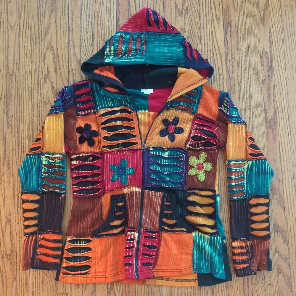 Boho Hippie Patchwork Hooded Sweatshirt Women's Large Multicolor India Boutique